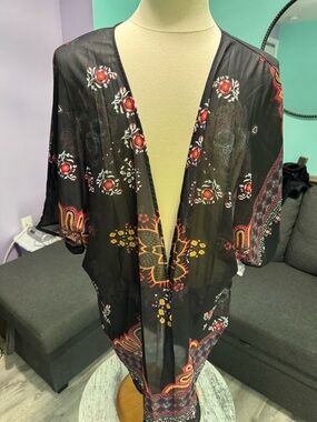 Sheer Black Floral Kimono Cover-Up